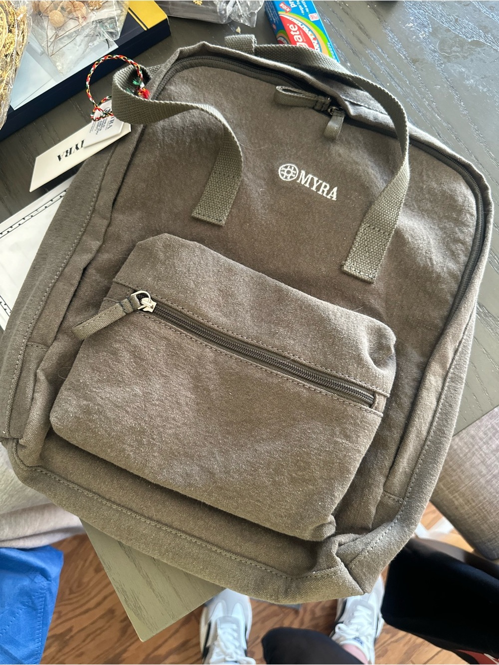 Myra Bag Olive Canvas Backpack with Front Zip Pocket